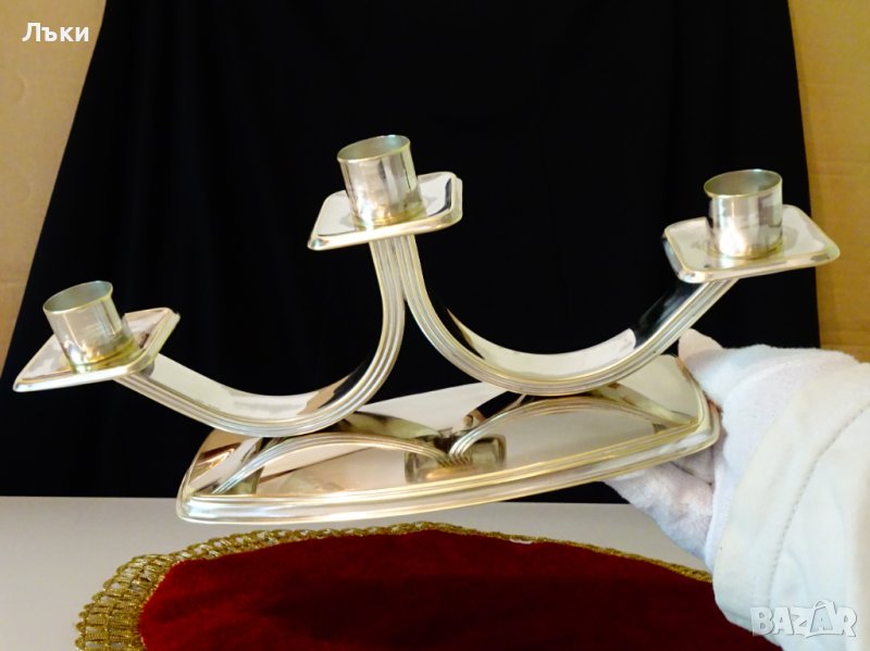 Посребрен свещник за три свещи,троен свещник. , снимка 1
