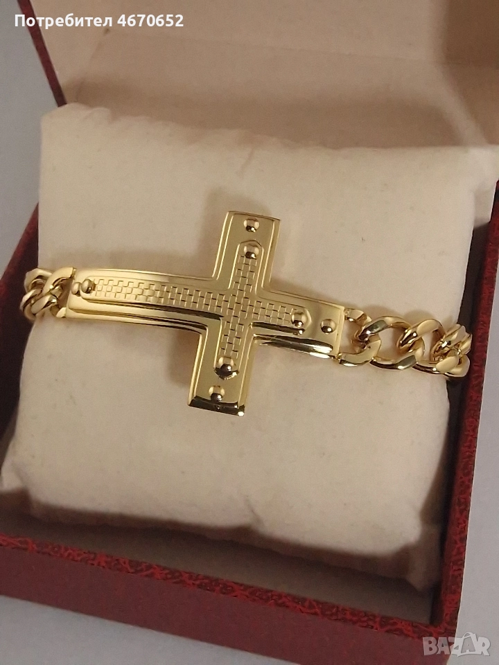 Мъжка гривна ''Кръст" от медицинска стомана с 18 карата златно покритие , снимка 1