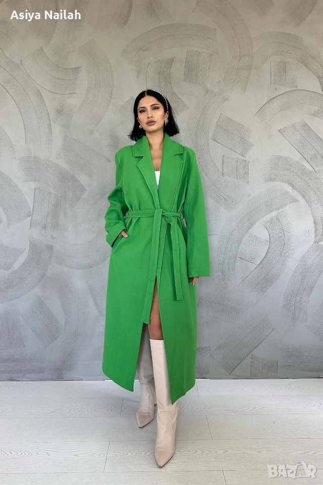 Дамско зелено палто с колан – елегантен дълъг модел, снимка 1