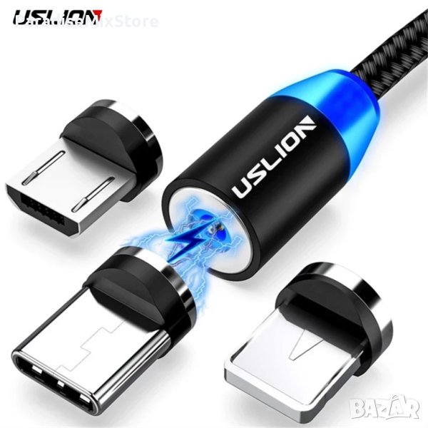 Магнитен кабел Uslion 3 в 1 за зареждане на телефони - micro USB/Магнитен кабел Uslion 3 в 1 , снимка 1