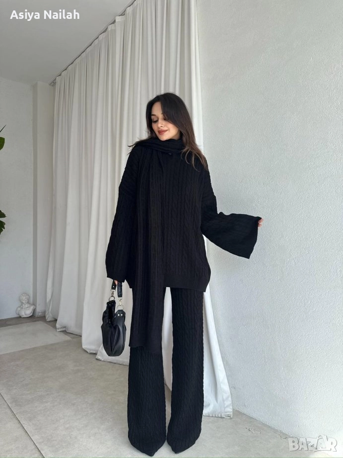 Елегантен черен комплект от 3 части – туника, панталон и шал, снимка 1