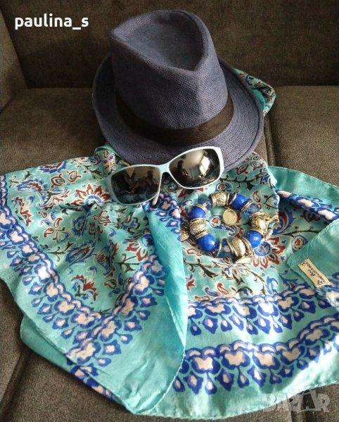 Комплект аксесоари - лятно бомбе, копринен шал, слънчеви очила и гривна с талисмани, снимка 1