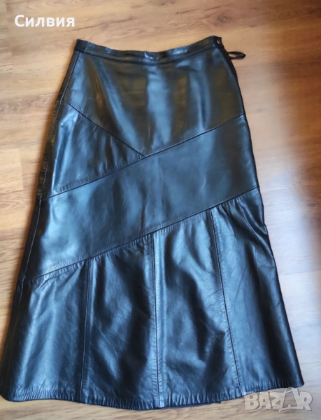 Дълга черна лъскава кожена пола от истинска естествена кожа, размер L, снимка 1