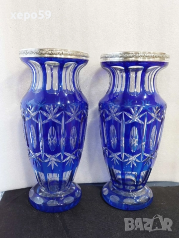 Комплект Прекрасни кристални вази със сребърни гривни''Бохемия кристал-1900 год.сребро 800