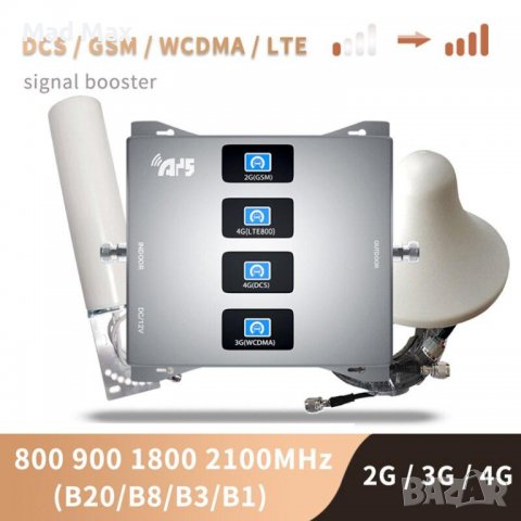 2G 3G 4G LTE Booster Усилвател GSM Сигнал  800~900~1800~2100 MHz Band 1/3/8/20, снимка 1 - Мрежови адаптери - 24732570