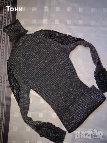 Дамско поло с дантела, ламе в цвят тъмно сиво / черно, снимка 7 - Блузи с дълъг ръкав и пуловери - 34520433