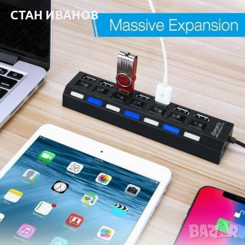 USB Хъб, Модел EW07PH, 7 порта, Копче за включване и изключване, снимка 8 - Кабели и адаптери - 36853690