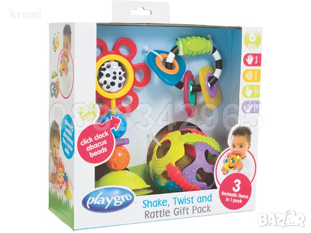 НОВ! Комплект дрънкалки за бебе 3 броя Playgro Shake, twist and rattle gift pack, снимка 3 - Дрънкалки и чесалки - 31457732