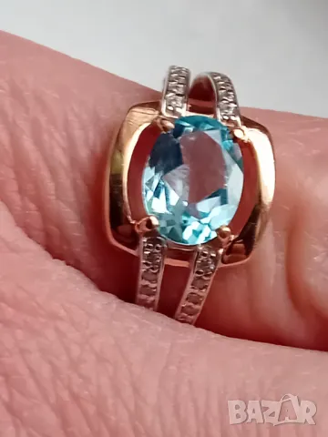 Руски златен пръстен с естествен топаз и фианити, снимка 7 - Пръстени - 49539818
