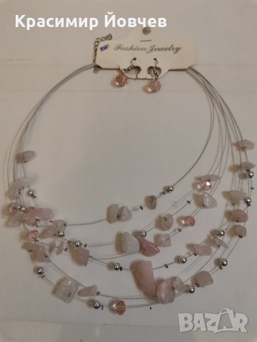 Колие с обеци, розов кварц