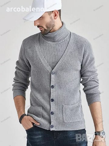 Мъжки пуловер с висока яка и тънка плетена жилетка, 3цвята - 023, снимка 4 - Пуловери - 38988632