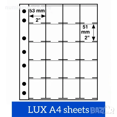 LUX - листи за монети в картончета А4 за 20 монети на лист - 10 броя
