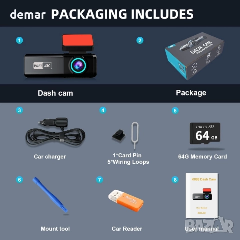 Камера за автомобил отпред и отзад, 4K + 1080P двойна камера, карта 64GB, 5GHz WiFi, снимка 8 - Аксесоари и консумативи - 51483254