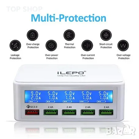Смарт зарядна станция iLepo Smart Charging Station 5 порта USB 50 вата с бързо зареждане QC 3.0 бял, снимка 12 - Оригинални зарядни - 49049712