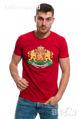Нова мъжка червена тениска с релефен трансферен печат Герб на България, снимка 6 - Тениски - 29889507