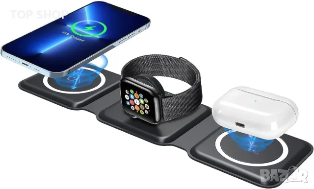 Магнитна сгъваема безжична зарядна станция за iPhone 3 в 1, снимка 13 - Безжични зарядни - 49160935