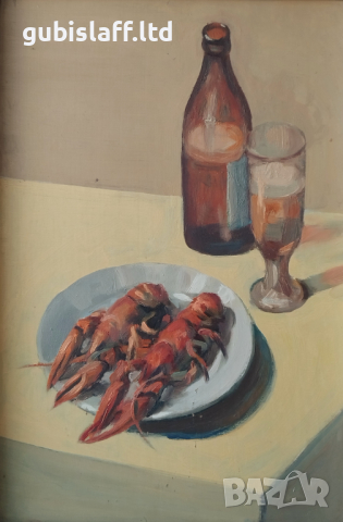 Картина, натюрморт с бира и раци, худ. П. Петков (1924-1976), снимка 2 - Картини - 44594948