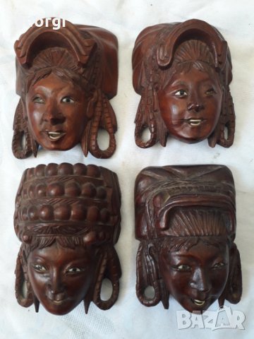 Колекция от четири дърворезбовани статуетки женски глави, снимка 1 - Декорация за дома - 31481210