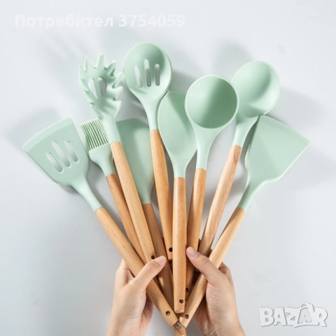 Комплект кухненски прибори от 12 бр. с дървена дръжка, снимка 12 - Прибори за хранене, готвене и сервиране - 52382116