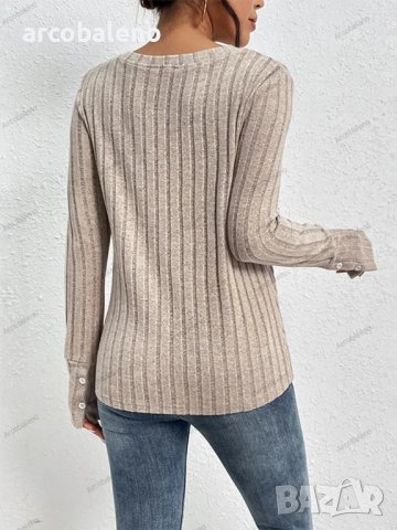 Дамски нов едноцветен пуловер с дълъг ръкав и V-образно деколте, снимка 2 - Блузи с дълъг ръкав и пуловери - 42630432