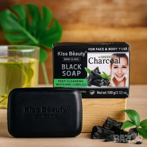 Сапун за лице и тяло с активен въглен и зелен чай – Kiss Beauty Black Soap, снимка 2 - Други - 51948744