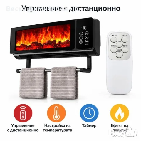 Стенен електрически отоплител 2000 W с ефект на пламък, снимка 7 - Отоплителни печки - 56325013