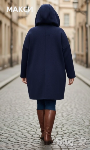 Макси модерно елегантно дълго горнище/палто с качулка, джобове с ефектно закопчаване и метален цип в, снимка 2 - Палта, манта - 47818773
