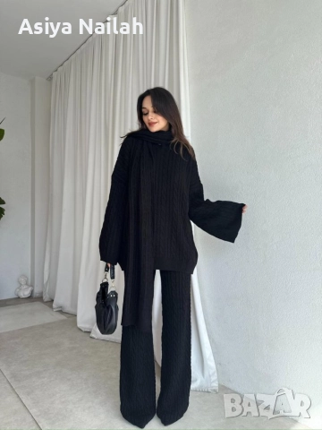 Елегантен черен комплект от 3 части – туника, панталон и шал