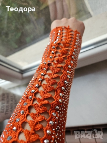 Рокля с дълъг ръкав оранжева S/M, снимка 5 - Рокли - 52822511