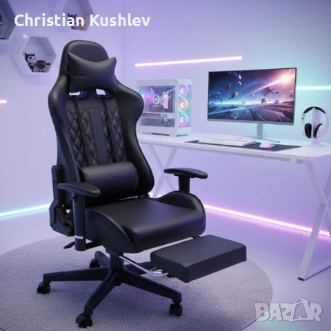 Геймърски стол с прибираща се подложка за крака и функция за масаж - черен, снимка 6 - Столове - 53275414