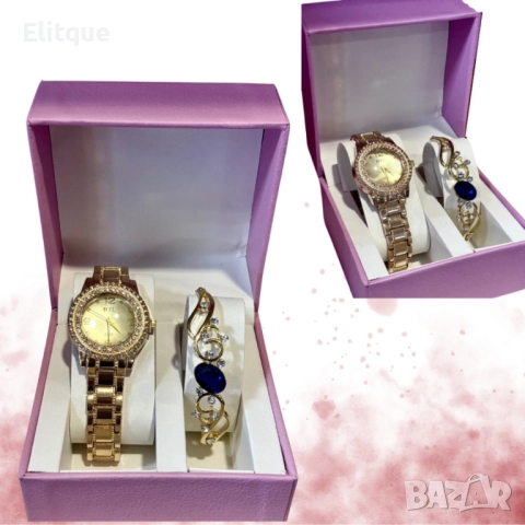 Луксозен дамски комплект – елегантен часовник и изискана гривна със скъпоценни камъни, снимка 2 - Бижутерийни комплекти - 52596603