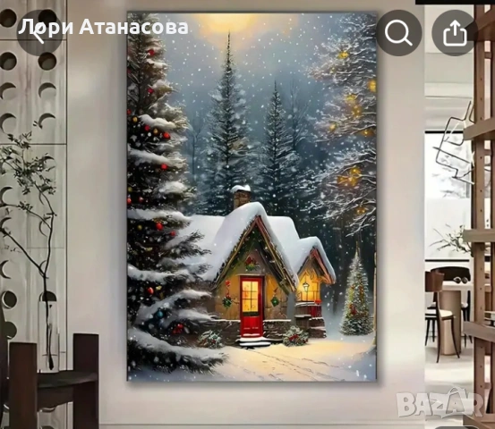 Платно с топла зимна къща в снежна гора, украсена с празнични светлини и червена врата., снимка 3 - Картини - 53090156