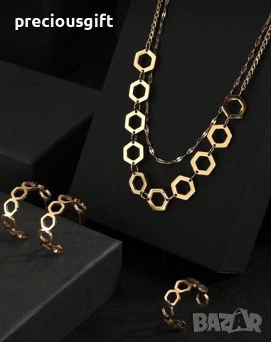 Комплект бижута от неръждаема стомана - колие, обеци и пръстен, снимка 3 - Бижутерийни комплекти - 53101566