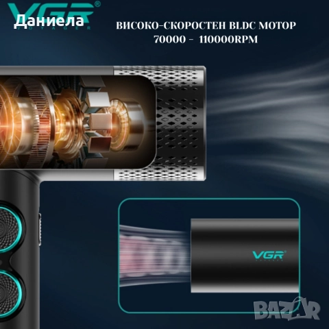 Професионален сешоар VGR с BLDC мотор 110 000 RPM – Йонна технология и дифузер, снимка 6 - Сешоари - 52747293
