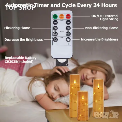 IMAGE Трептящи безпламъчни свещи за декор,работещи с батерии, акрилни 3D LED с таймер, 5 броя, злато, снимка 8 - Декорация за дома - 49515863