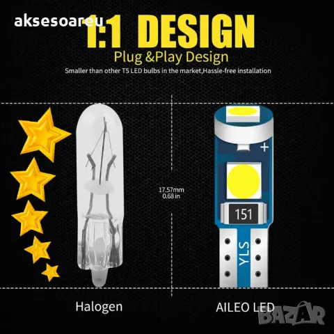 10 бр. малки габаритни крушки за арматурно табло T5 3SMD LED супер ярък 3030 LED вътрешно осветление, снимка 10 - Аксесоари и консумативи - 48601783