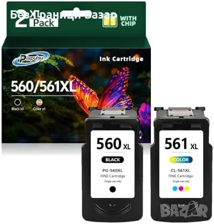 Нов Canon PG-560XL CL-561XL Комплект Мастилници Черна + Цветна с Чип за принтер печат мастило тонер