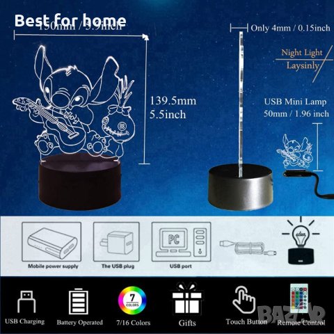 Стич 3D нощна лампа, аниме Stitch, USB,с дистанционно управление,16 цвята, 2 бр. 3Д представки, снимка 5 - Настолни лампи - 40248413