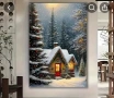 Платно с топла зимна къща в снежна гора, украсена с празнични светлини и червена врата., снимка 3