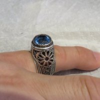 стар мъжки сребърен пръстен, стар голям османски величествен пръстен с филигран син камък, турски, снимка 6 - Пръстени - 29453542