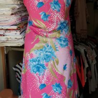 Розова рокля на сини цветя с тънки презрамки , снимка 2 - Рокли - 37312629