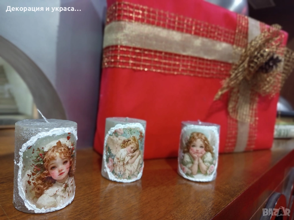 Коледни свещи триптих  на ангелска тематика с декупаж, снимка 1