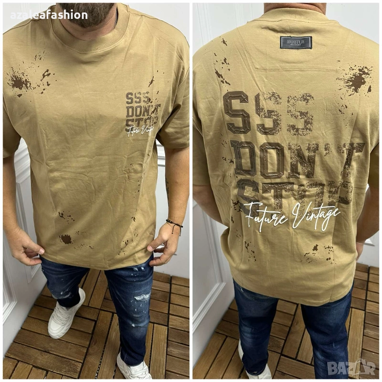Мъжка бежова тениска с надписи, снимка 1