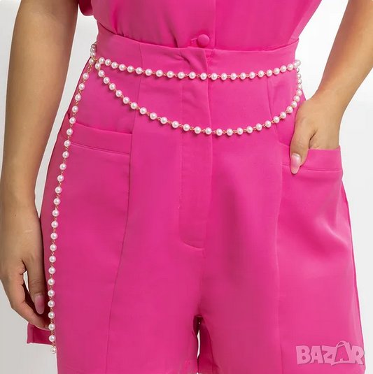 Стилен дамски колан с бели перли и верижка в златист цвят, снимка 1