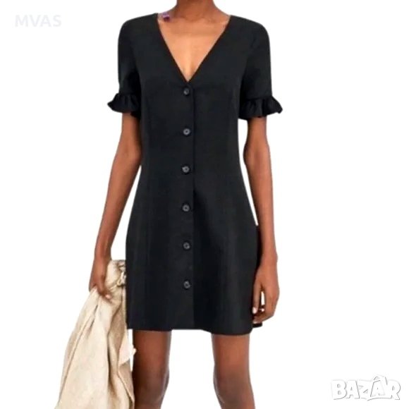 Нова - 55% къса черна рокля Zara на копчета с волани S размер , снимка 1