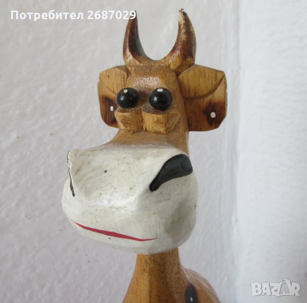 Кравичка  с рога Дървена фигура, дърворезба 31 см, дърво, снимка 1