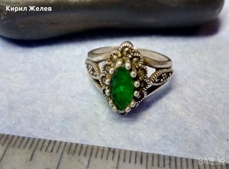 СКЪПОЦЕНЕН СРЕБЪРЕН ПРЪСТЕН СРЕБРО 925 с ФАСЕТИРАН ПЕРИДОТ и МАРКАЗИТИ СТАРА МАЙСТОРСКА РАБОТА 48264, снимка 1