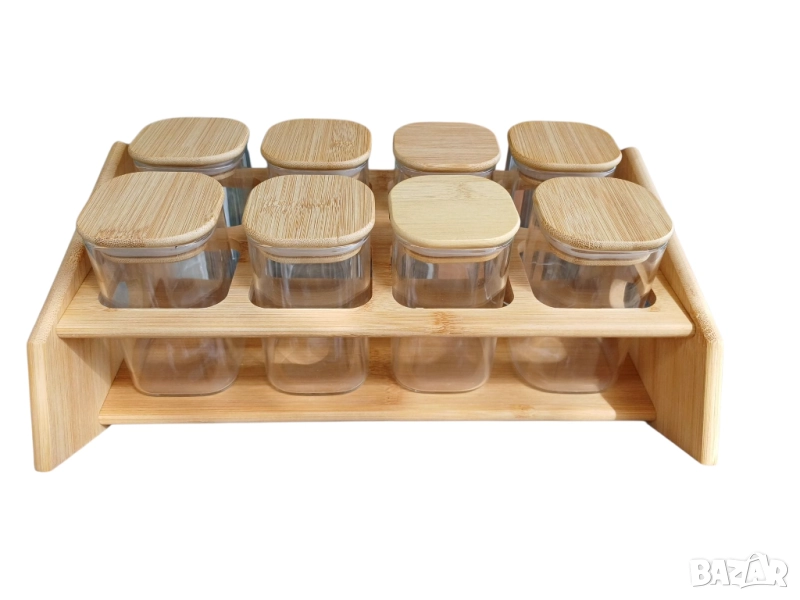 Бурканчета за подправки със стойка, бамбукови капачки и 36бр.BG етикети - 4 МОДЕЛА, снимка 1