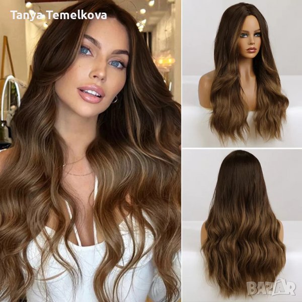 Дълга на вълни кестенява перука без бретон, снимка 1