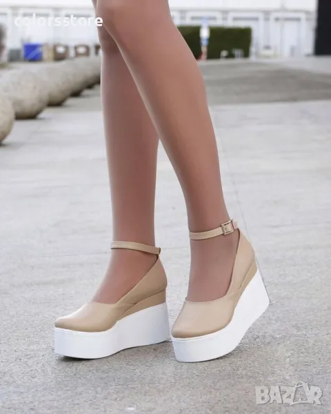 Обувки на платформа - бежова кожа с бяло ходило - 125K, снимка 1